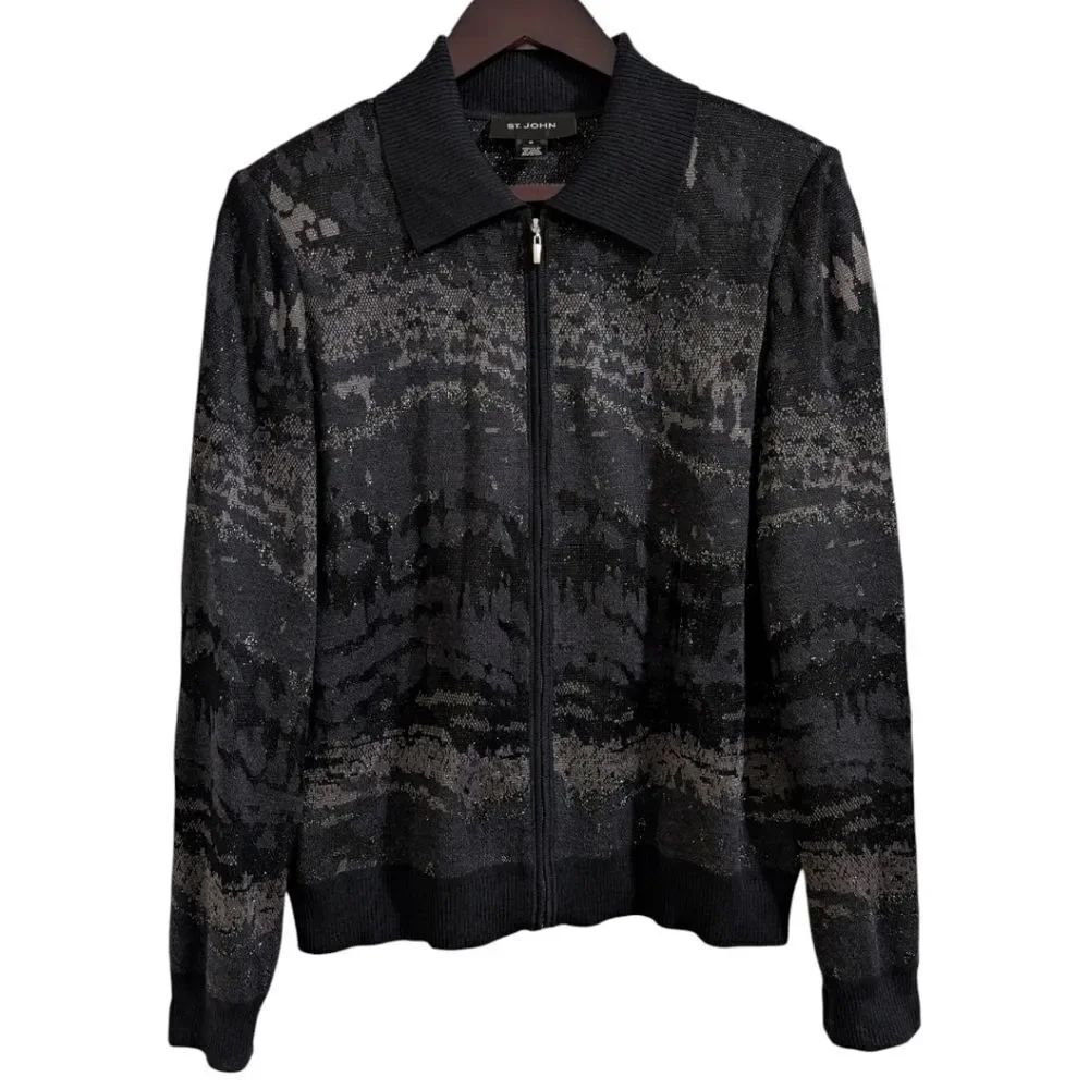 St. John Black Glitter Knit Zip Jacket Cardigan M - Abstract Print Wool Blend